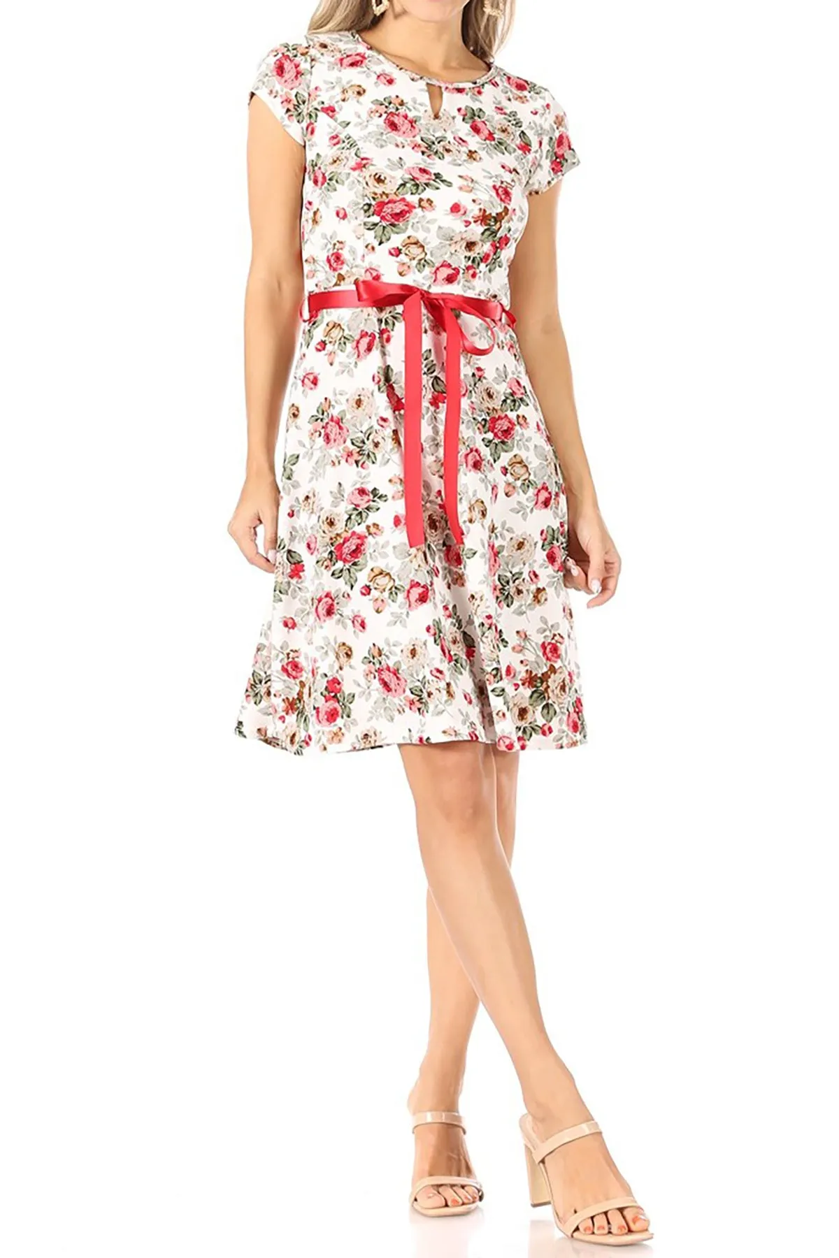 Women's Floral Flared A-Line Swing Casual Party Dresses, Short Sleeve, and Belted.