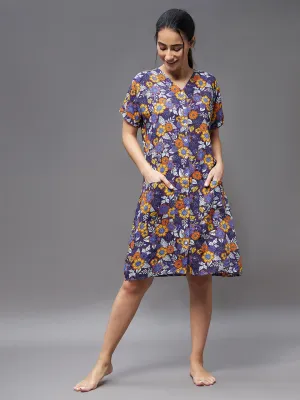 Women's Purple V Neck Short Sleeve Printed Button Down Placket Knee-Long Shift Dress
