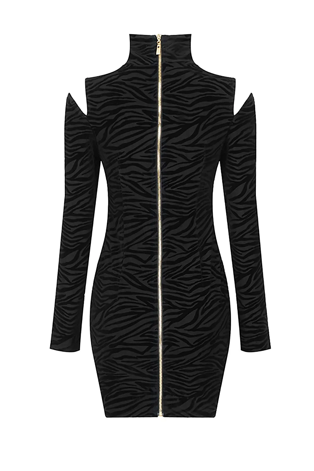 Zebra Striped Turtle Neck Hollow Out Long Sleeves Dress