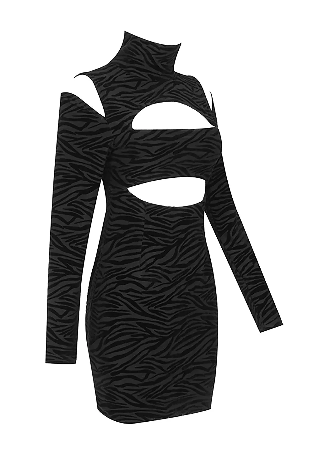 Zebra Striped Turtle Neck Hollow Out Long Sleeves Dress